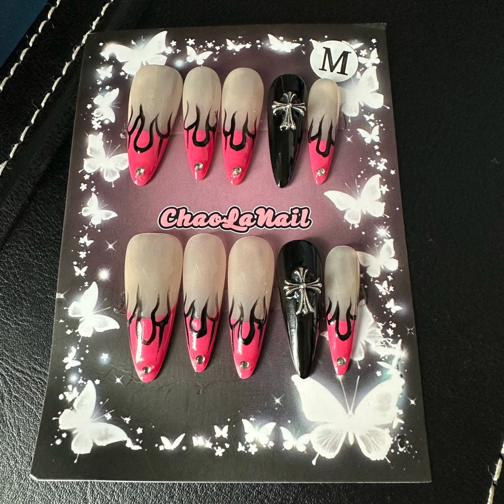 5/$30 hand-painted Y2K press-on nails with flame design